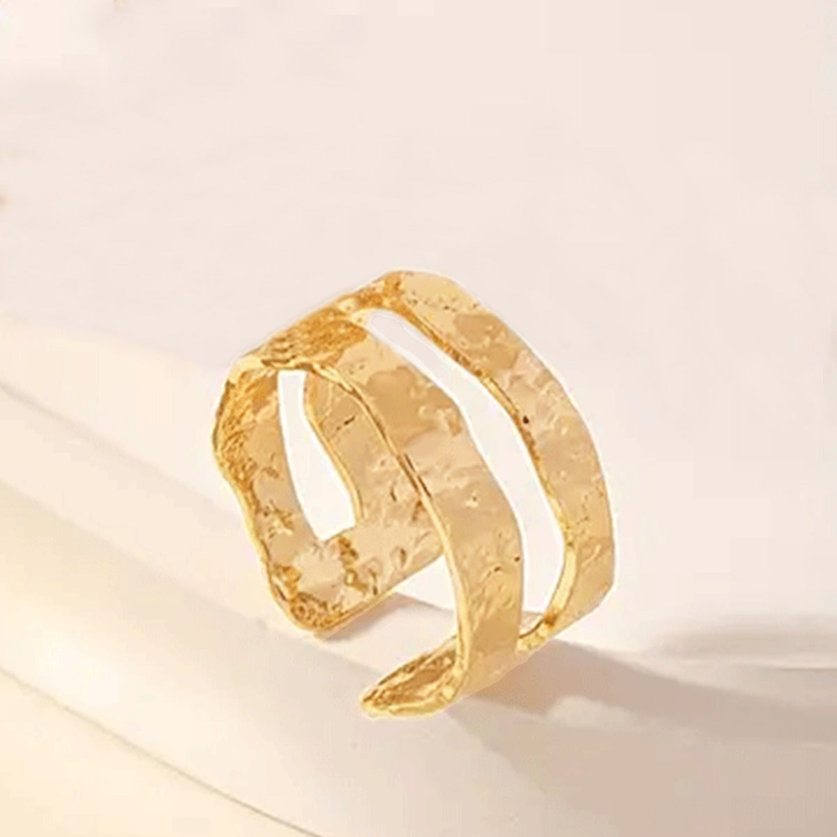 European and American Style Double-Layer Open Bracelet for Women with Hammered Design, Minimalist Style, Metallic Texture, Adjustable Bracelet and Ring