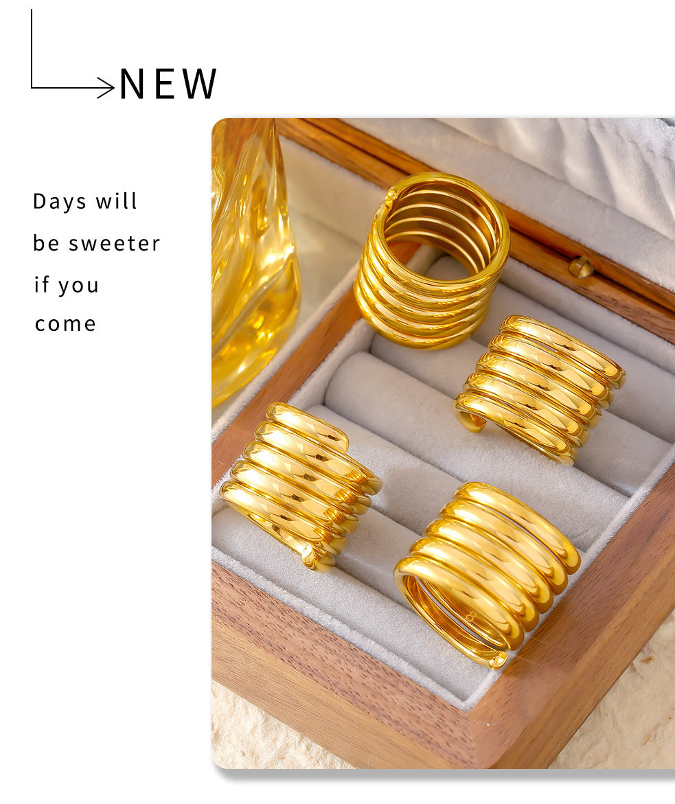Baroque cross-border new geometric multi-layer winding wide version ring stainless steel plated 18k gold light luxury texture ring