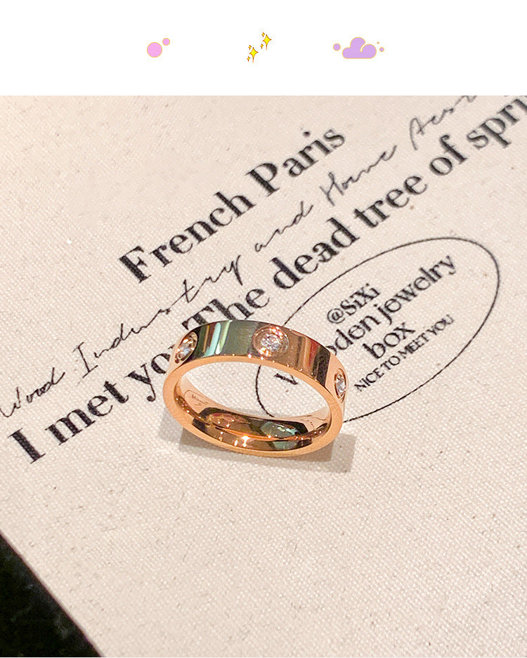 Six-Diamond Zircon Titanium Steel Ring for Women Stainless Steel Plain Ring for Women Accessible Luxury High-End Couple Ring Index Finger Ring