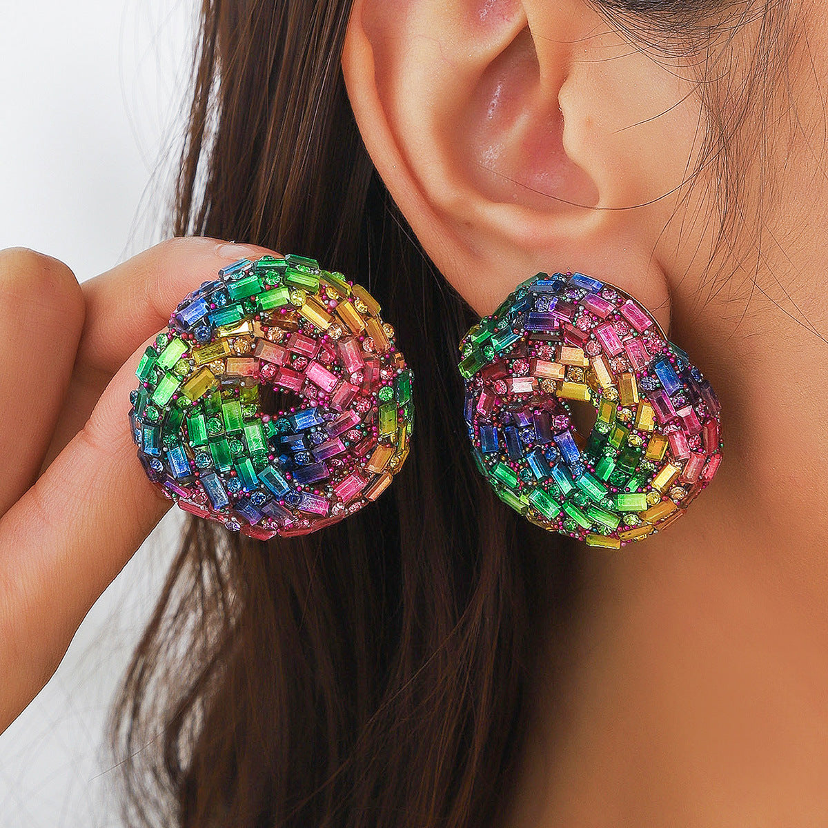 European and American Cross-border New Water Drop Round Stained Glass Full Diamond Light Luxury Earrings Fashion Earrings High-end Earrings for Women