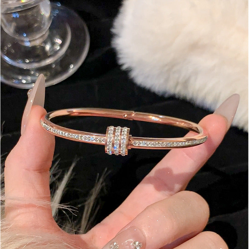 Rose Gold Titanium Steel Bracelet Women's High-end Bracelet Light Luxury Niche Zircon Bracelet Plain Ring Bracelet Hand Jewelry