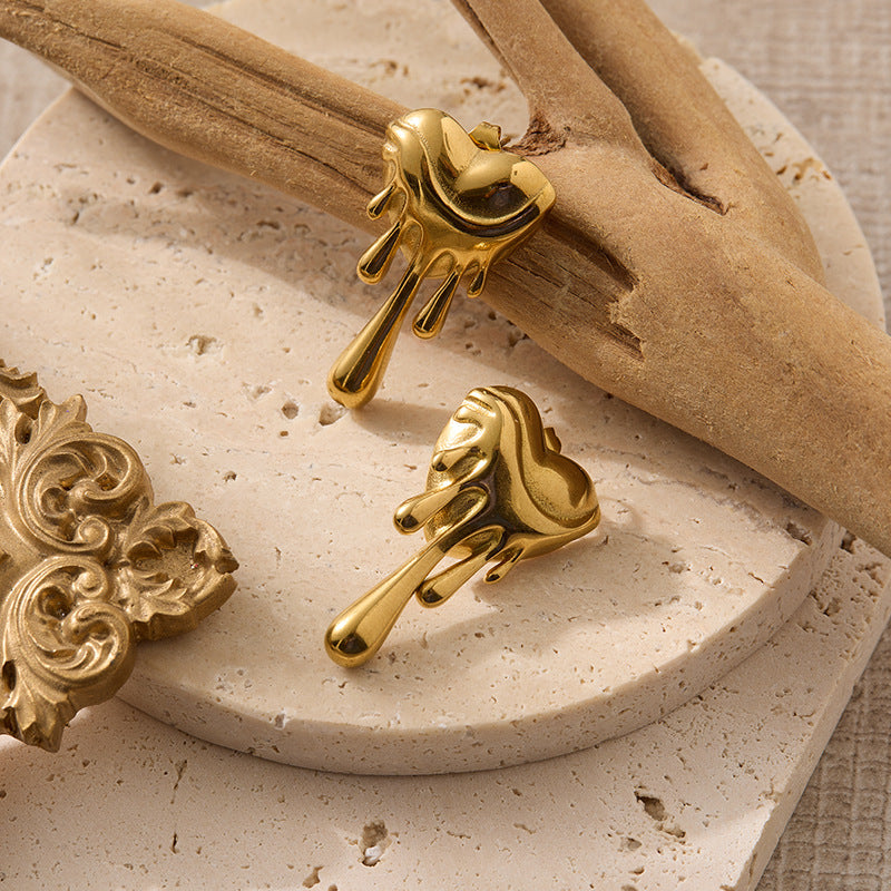 European and American Niche Design Melting Heart Earrings, Light Luxury Gold Lava Drop Heart-Shaped Earrings, Unique and Bold