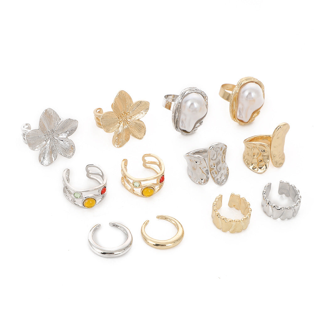 European and American Baroque-Style Faux Pearl Ring Set for Women, Niche Exaggerated Open Rings, Vintage Floral Rings