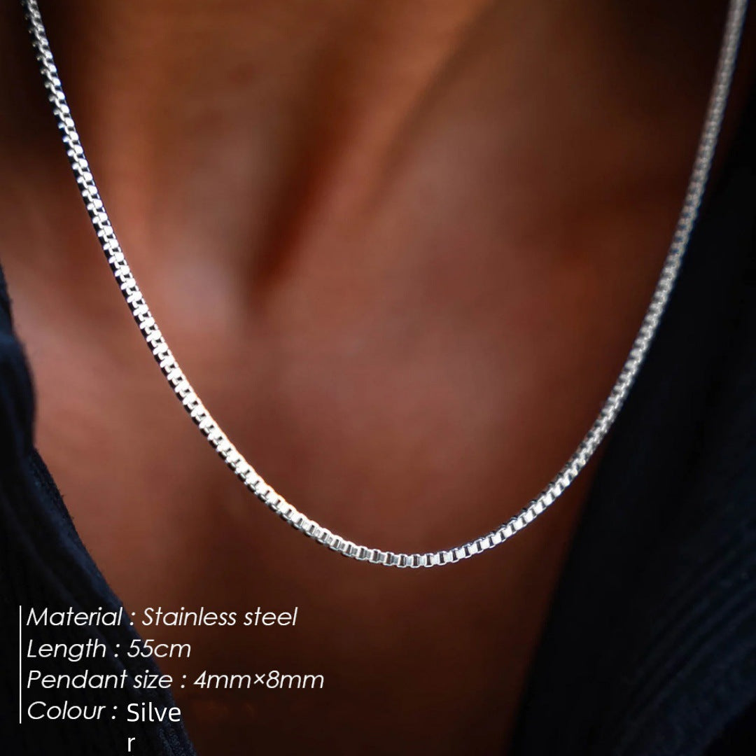 Cross-border New Entry Luxury Stainless Steel Box Chain Necklace Clavicle Chain Personalized Trendy Personalized All-match Jewelry