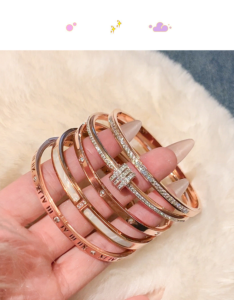 Rose Gold Titanium Steel Bracelet Women's High-end Bracelet Light Luxury Niche Zircon Bracelet Plain Ring Bracelet Hand Jewelry