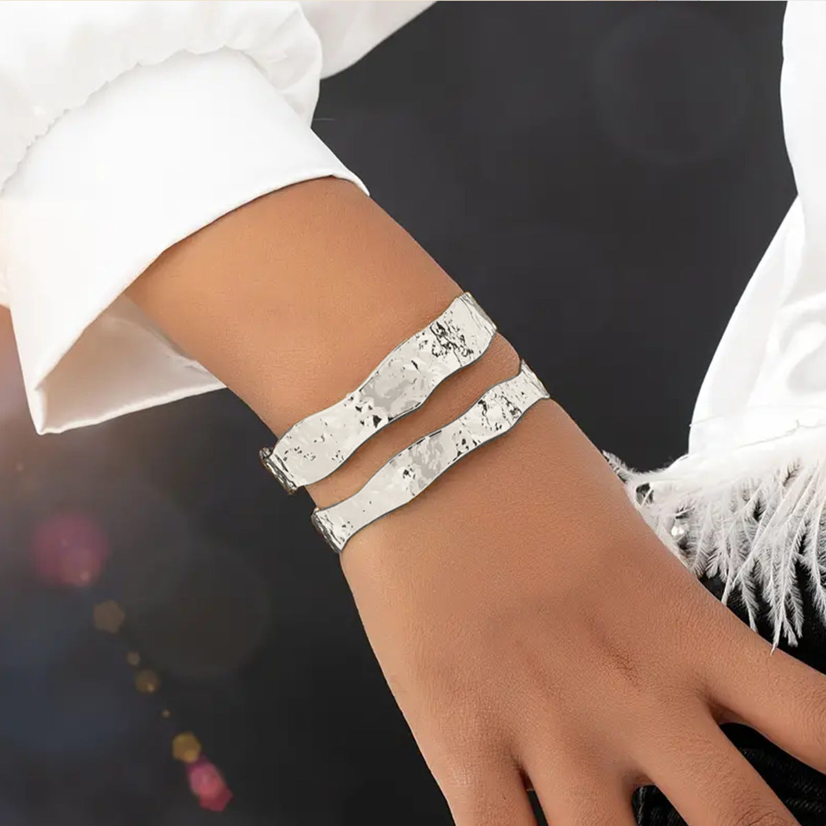 European and American Style Double-Layer Open Bracelet for Women with Hammered Design, Minimalist Style, Metallic Texture, Adjustable Bracelet and Ring
