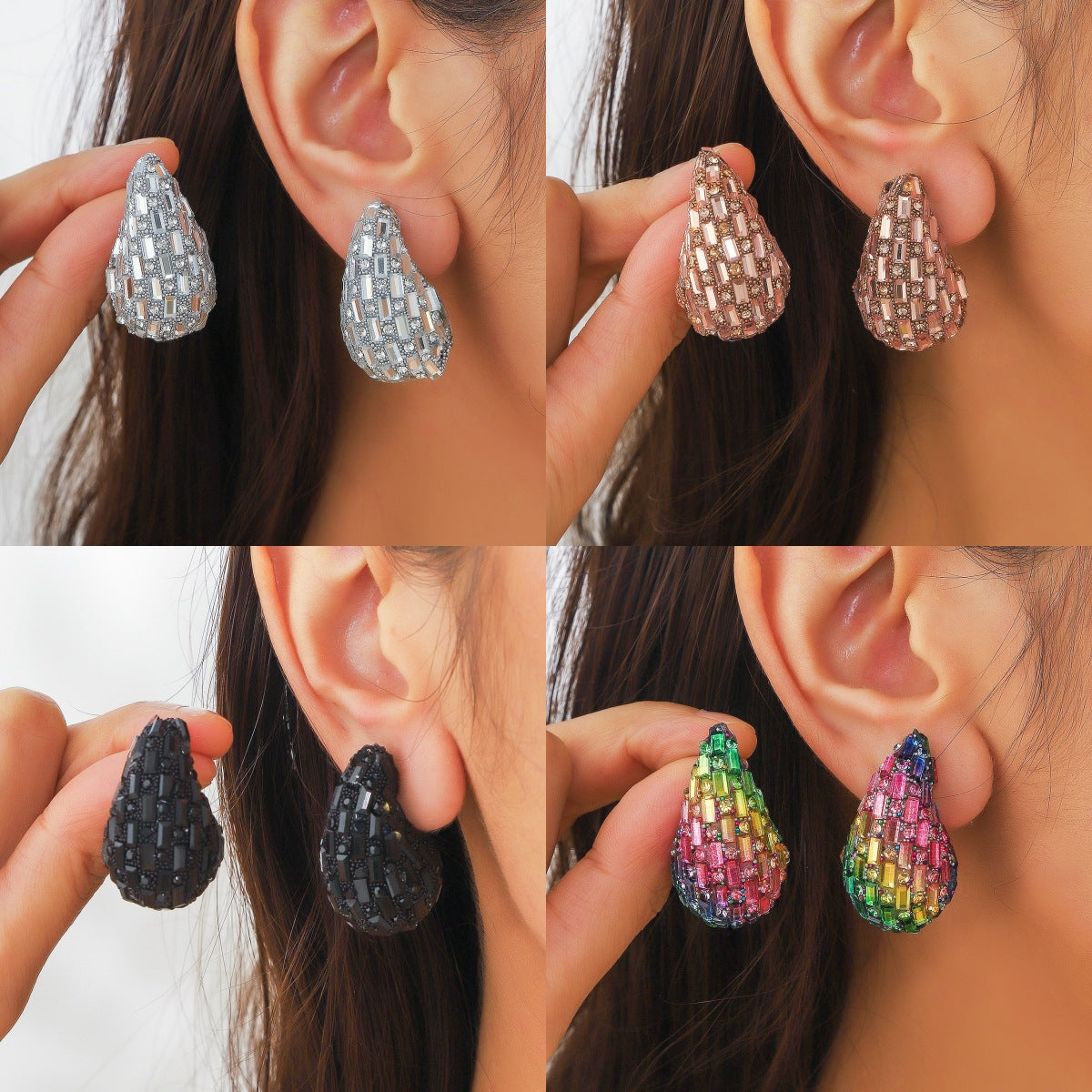 European and American Cross-border New Water Drop Round Stained Glass Full Diamond Light Luxury Earrings Fashion Earrings High-end Earrings for Women