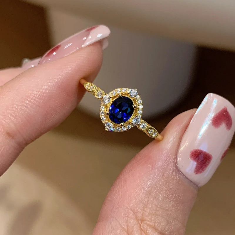 Niche Exquisite Royal Blue Zircon Ring Women's Fashion Distinctive Light Luxury All-match High-end Sense Stacked Open Finger Ring