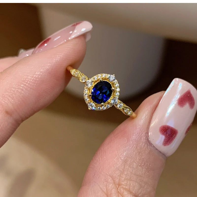 Niche Exquisite Royal Blue Zircon Ring Women's Fashion Distinctive Light Luxury All-match High-end Sense Stacked Open Finger Ring