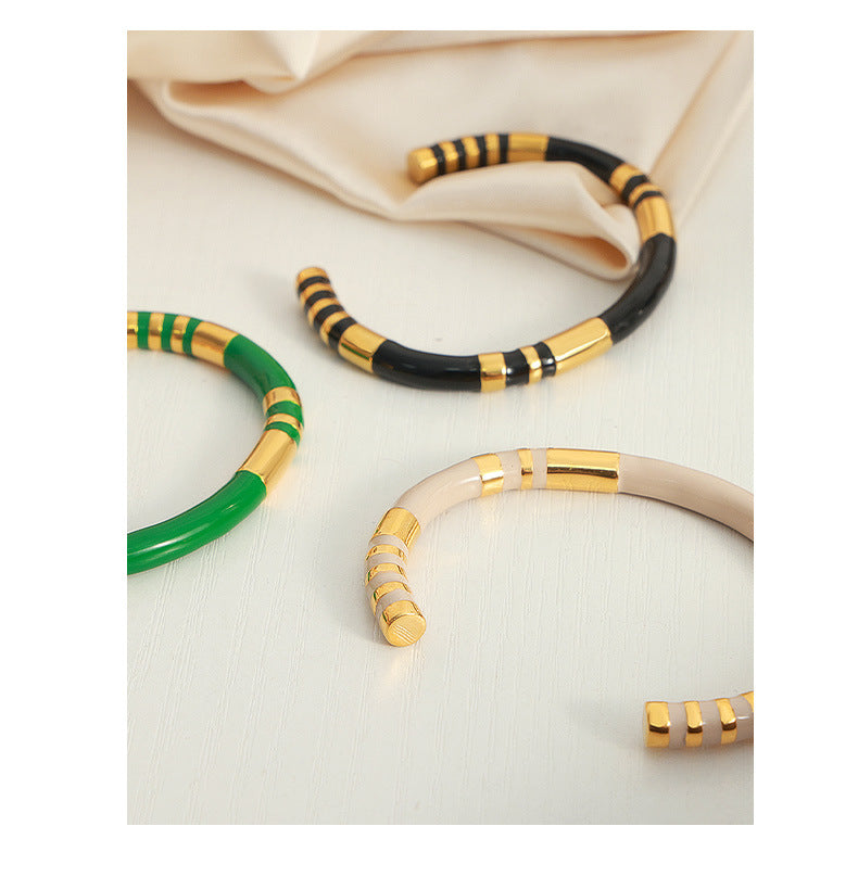 French Retro Bracelet Niche Design Personalized Wind Weight Glaze Bracelet Open Contrast Color Bamboo Gold-plated Bracelet for Women