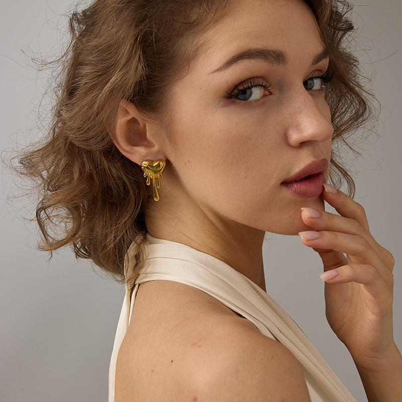 European and American Niche Design Melting Heart Earrings, Light Luxury Gold Lava Drop Heart-Shaped Earrings, Unique and Bold