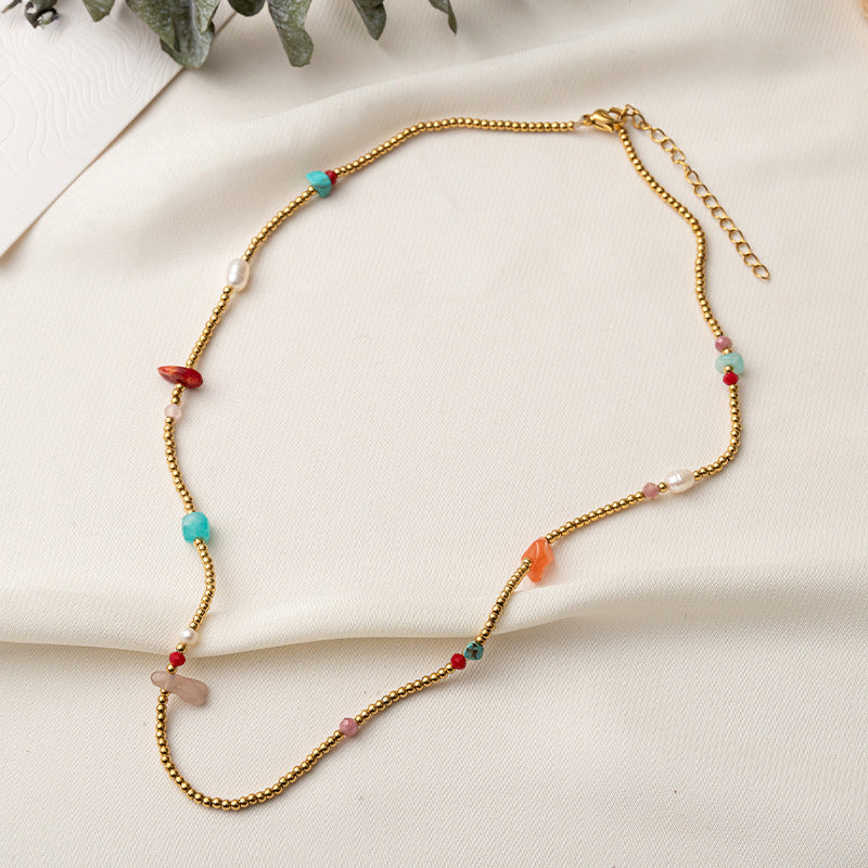 Lishan Versatile Bowknot Accessories Titanium Steel Metal Chain Series Layered Natural Stone Necklace Clavicle Chain for Women