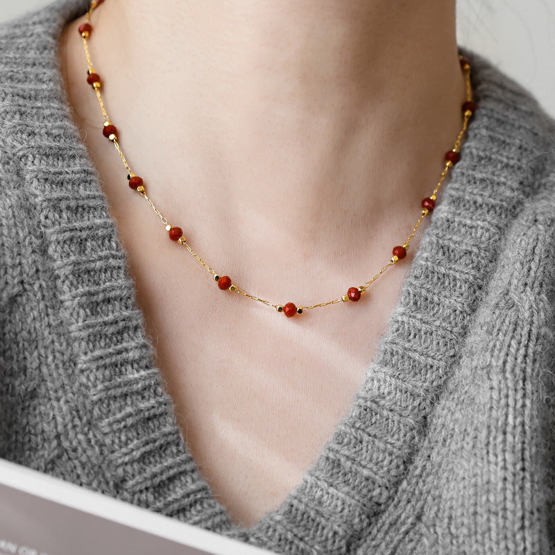 French Retro Interval Red Spinel Beaded Necklace Titanium Steel Electroplated 18K Gold High-grade Women's Clavicle Chain Light Luxury