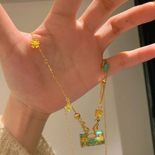 New Boutique Light Luxury High-grade Brushed Inlaid Zircon Enamel Longlife Lock Necklace Female Niche All-match Clavicle Chain