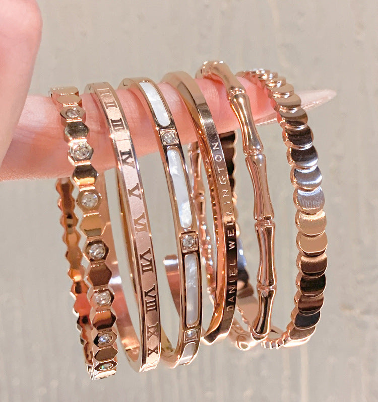 Rose Gold Titanium Steel Bracelet Women's High-end Bracelet Light Luxury Niche Zircon Bracelet Plain Ring Bracelet Hand Jewelry