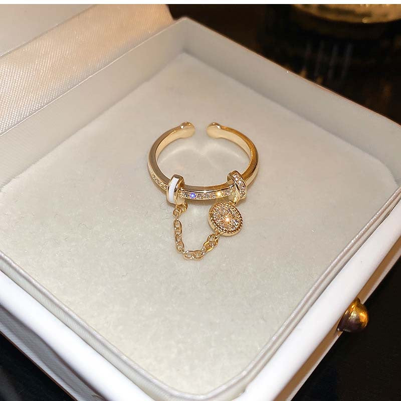 Zircon Diamond Round Chain Tassel Real Gold-plated Ring Niche Light Luxury High-end All-match Open Finger Ring