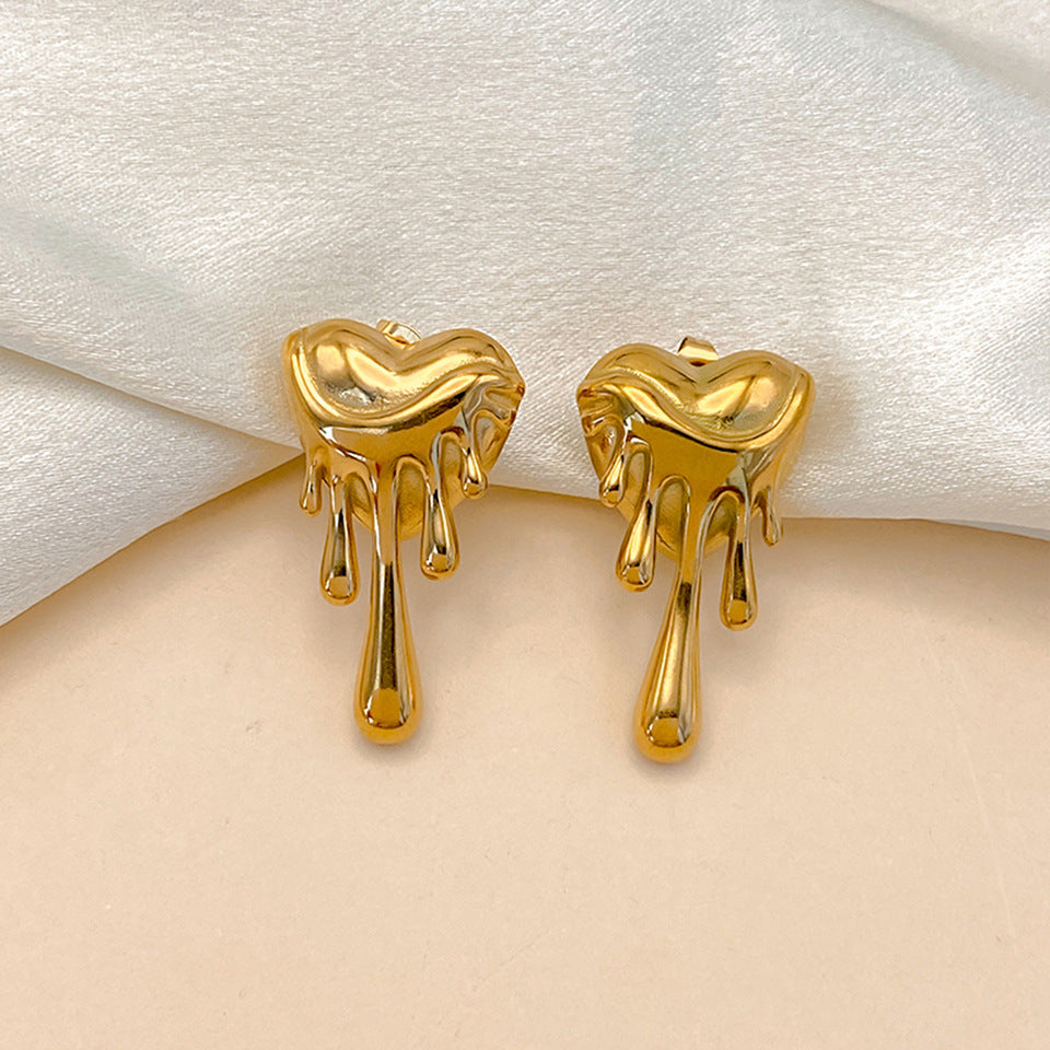 European and American Niche Design Melting Heart Earrings, Light Luxury Gold Lava Drop Heart-Shaped Earrings, Unique and Bold