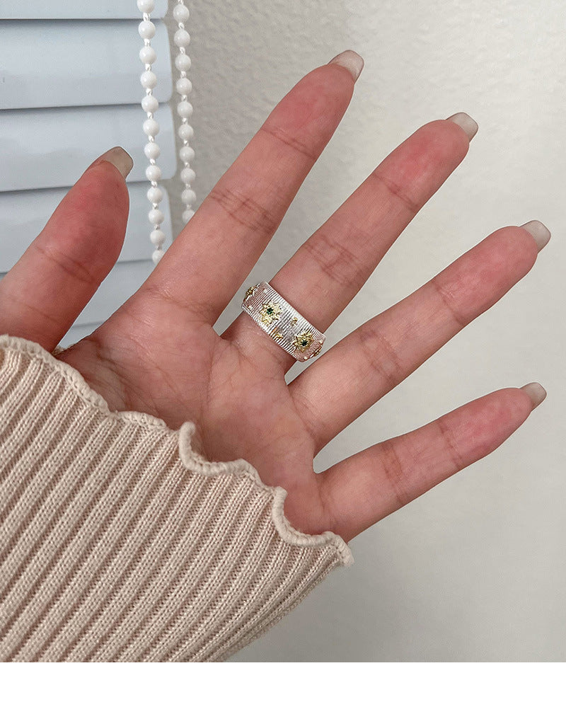 Cloth Style Retro Green Sparkling Diamond Starburst Ring Women's Ring Niche Design 2024 New Trendy Korean Accessible Luxury