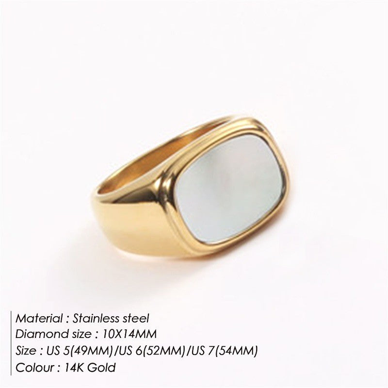 Niche Design Square White Mother-Of-Pearl Ring, Light Luxury Gold-Plated Index Finger Ring, Versatile and High-End Ring for Women