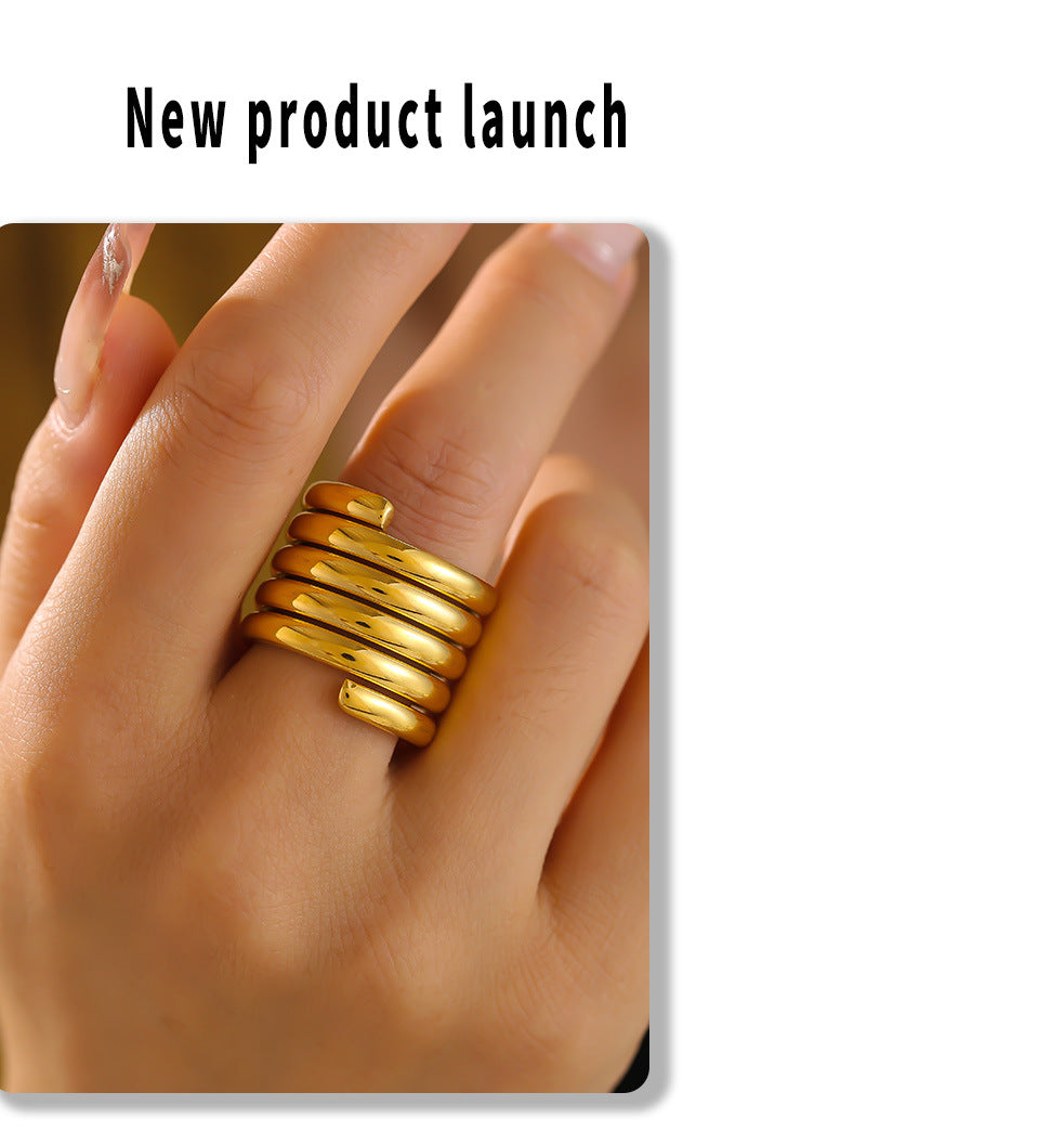 Baroque cross-border new geometric multi-layer winding wide version ring stainless steel plated 18k gold light luxury texture ring