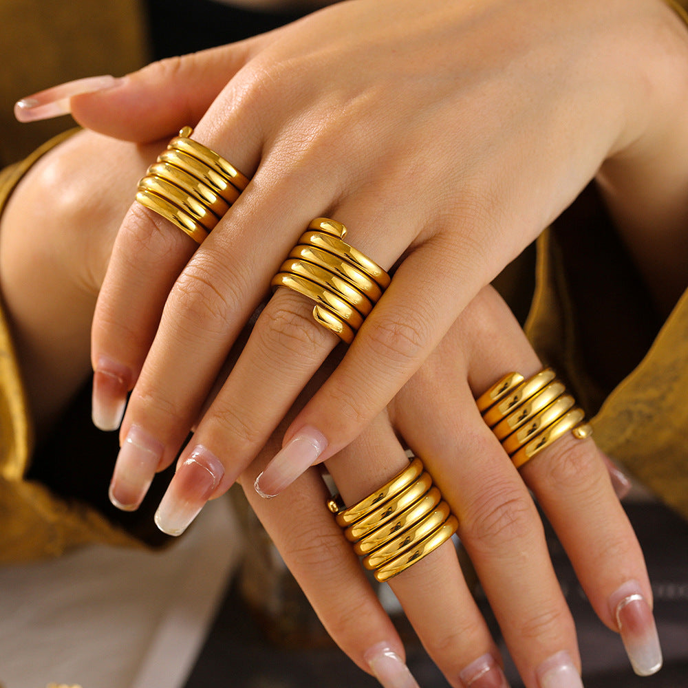Baroque cross-border new geometric multi-layer winding wide version ring stainless steel plated 18k gold light luxury texture ring