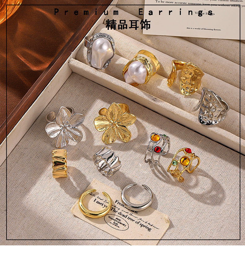 European and American Baroque-Style Faux Pearl Ring Set for Women, Niche Exaggerated Open Rings, Vintage Floral Rings