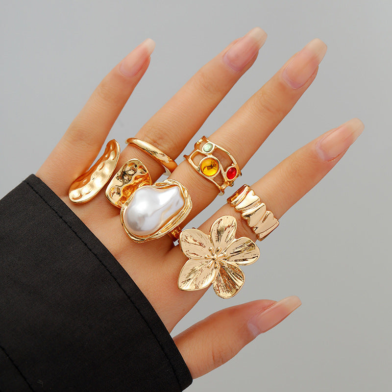 European and American Baroque-Style Faux Pearl Ring Set for Women, Niche Exaggerated Open Rings, Vintage Floral Rings