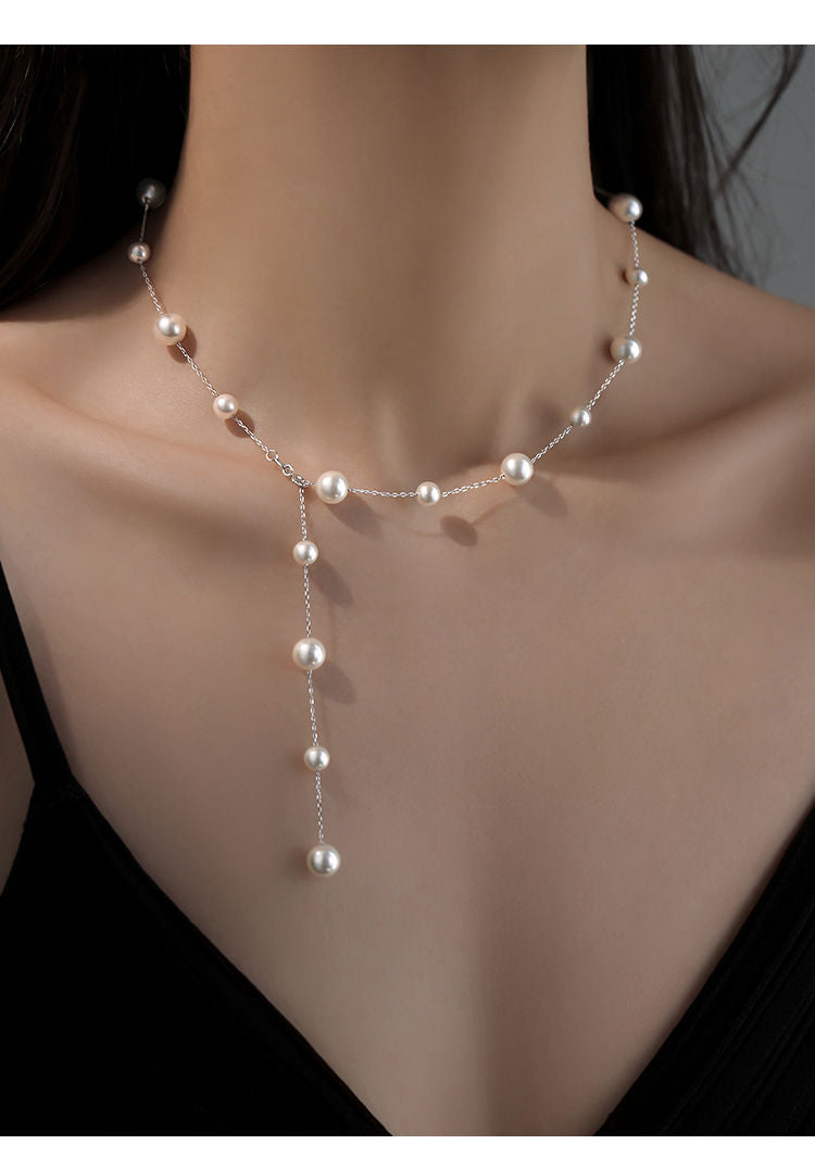Gypsophila Pearl Necklace Women's 925 Silver Titanium Steel Perfect Round Light Luxury Niche High-End Clavicle Chain Sweater Chain