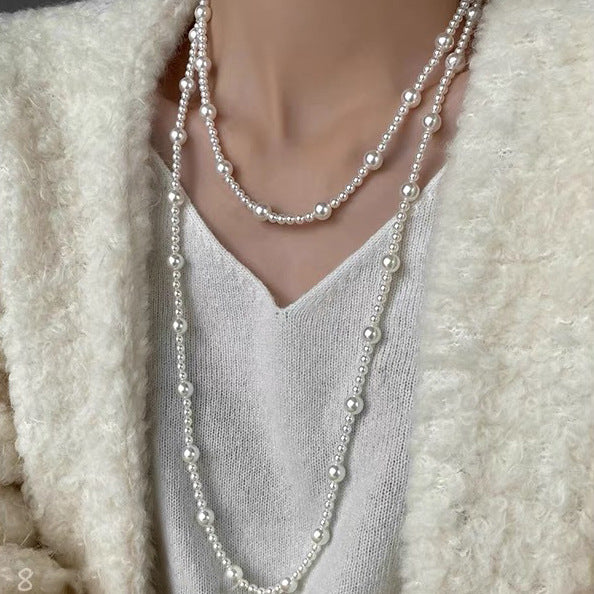 Shijiazu stacked with long pearl necklace women's light luxury temperament sweater chain Joker high sense autumn and winter necklace