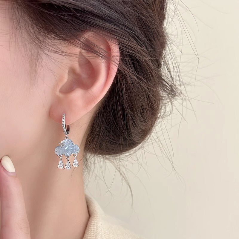 Unique Design Blue Rhinestone Earrings Cloud Tassel Earrings 2024 New Niche Accessible Luxury Versatile Earrings for Women
