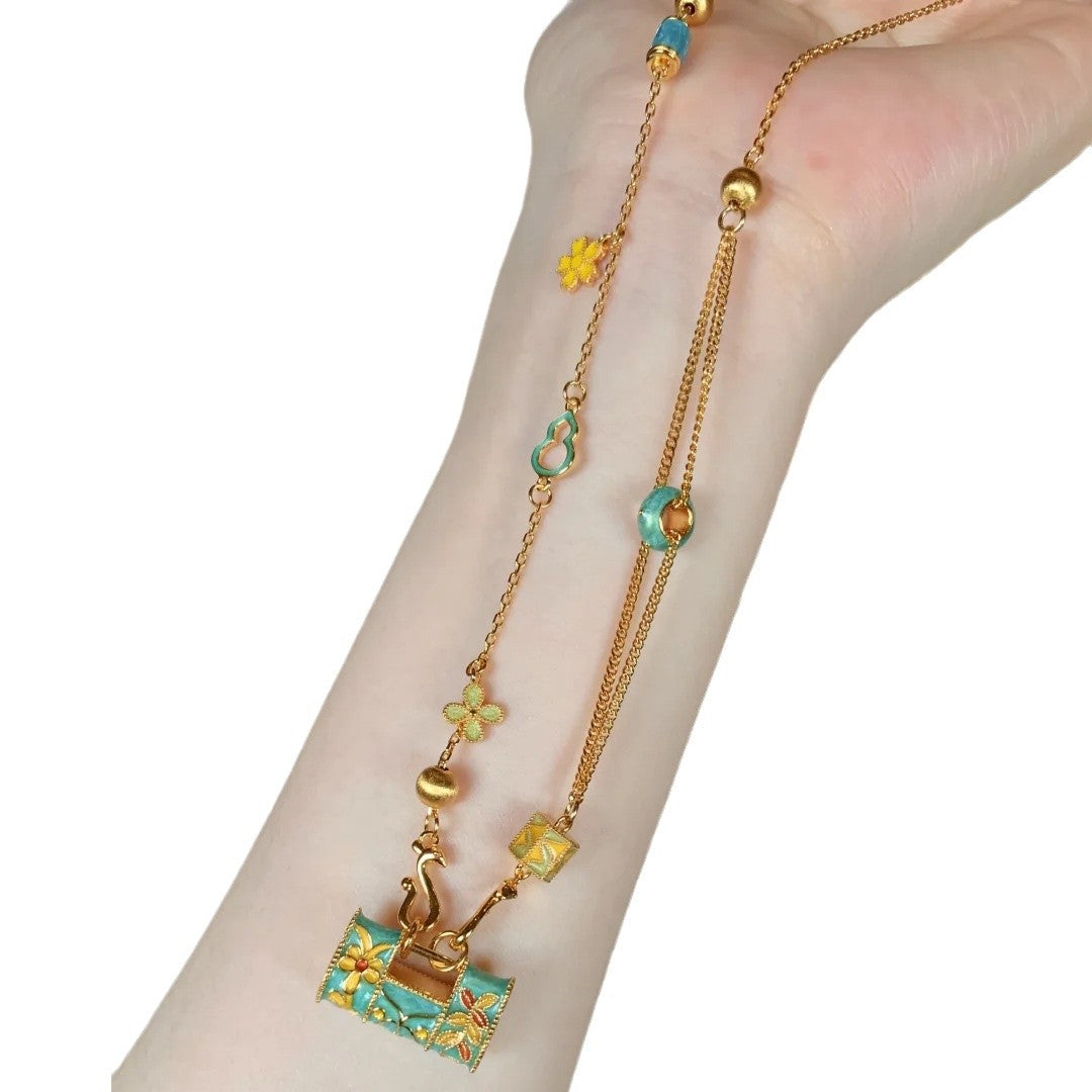 New Boutique Light Luxury High-grade Brushed Inlaid Zircon Enamel Longlife Lock Necklace Female Niche All-match Clavicle Chain