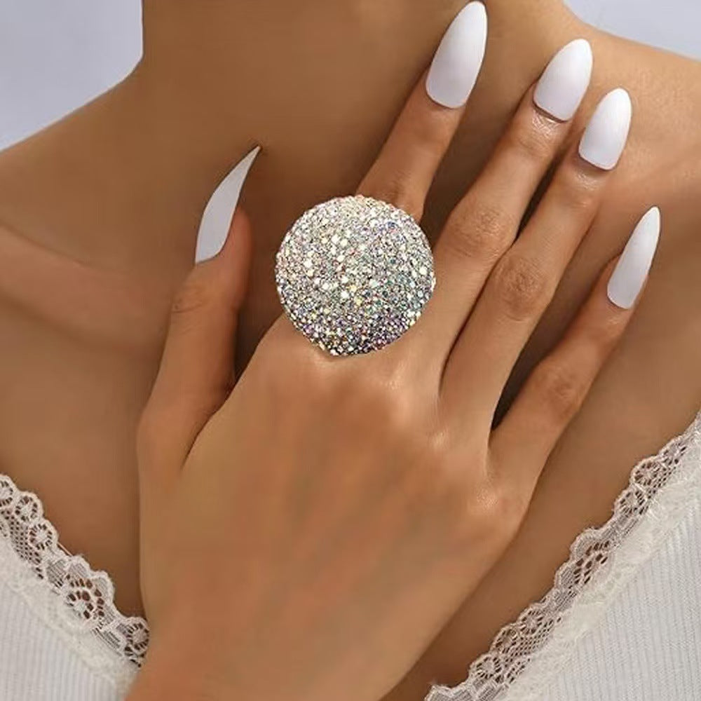 Cross-border explosions AB color geometric round ring high-end feeling full of diamond fashion living ring niche all-match accessories women