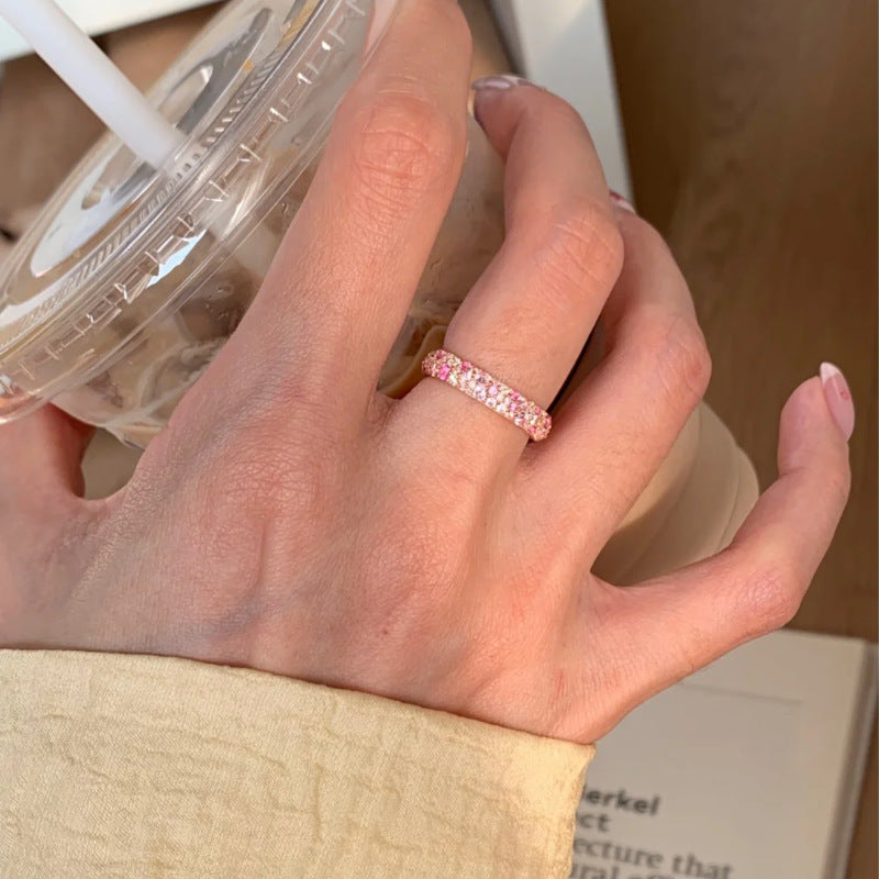 Gradient Pink Diamond Full Diamond Ring for Women, Accessible Luxury Style, French Style, Exquisite, Versatile, High-End, Open Index Finger Ring 2025 New Style
