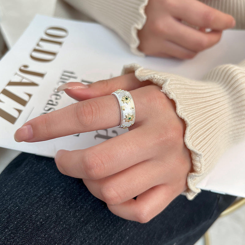 Cloth Style Retro Green Sparkling Diamond Starburst Ring Women's Ring Niche Design 2024 New Trendy Korean Accessible Luxury