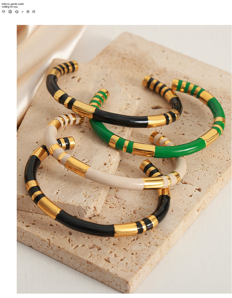French Retro Bracelet Niche Design Personalized Wind Weight Glaze Bracelet Open Contrast Color Bamboo Gold-plated Bracelet for Women