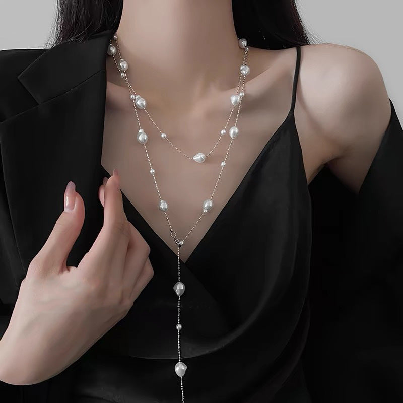 Shijiazu stacked with long pearl necklace women's light luxury temperament sweater chain Joker high sense autumn and winter necklace