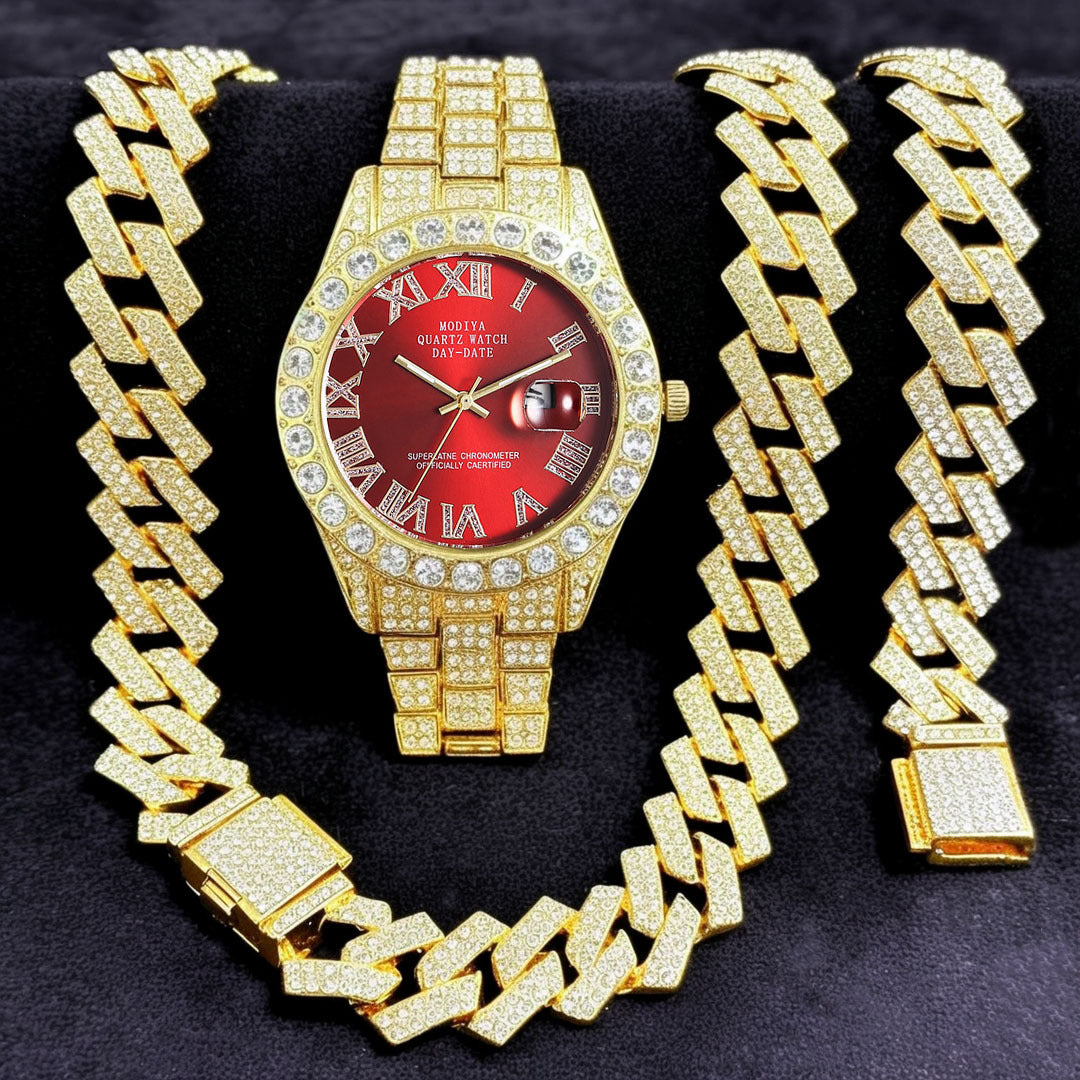 Women's 16-Piece Crystal Watch & Jewelry Set of Various Diamond-Encrusted Watches, Diamond-Shaped Cuban Bracelets and Necklaces