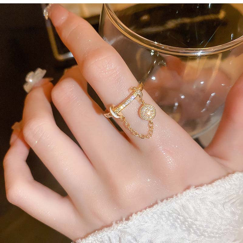 Zircon Diamond Round Chain Tassel Real Gold-plated Ring Niche Light Luxury High-end All-match Open Finger Ring