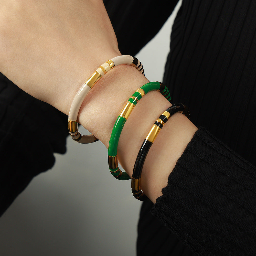 French Retro Bracelet Niche Design Personalized Wind Weight Glaze Bracelet Open Contrast Color Bamboo Gold-plated Bracelet for Women