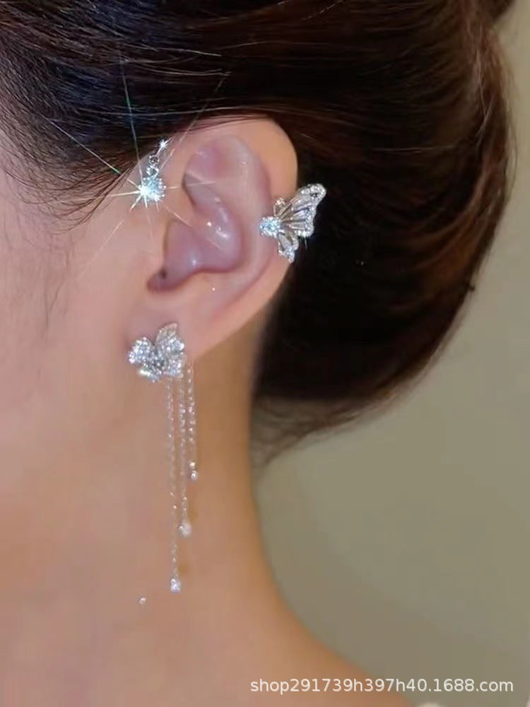 Super fairy Crystal tassel earrings long non-pierced high-grade earrings 2024 new popular niche earrings earrings earrings