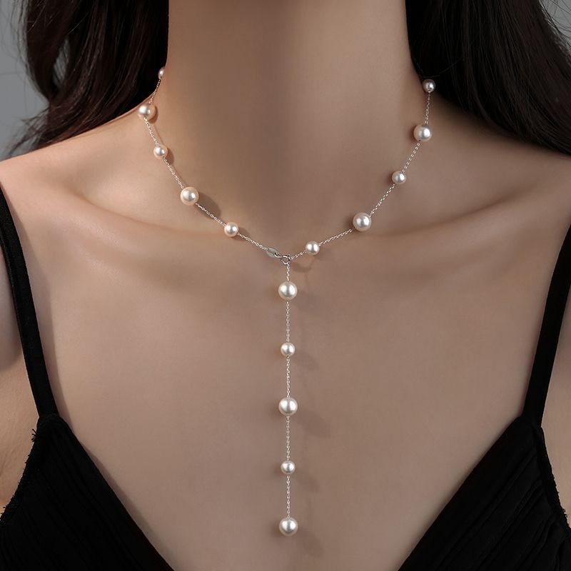 Gypsophila Pearl Necklace Women's 925 Silver Titanium Steel Perfect Round Light Luxury Niche High-End Clavicle Chain Sweater Chain