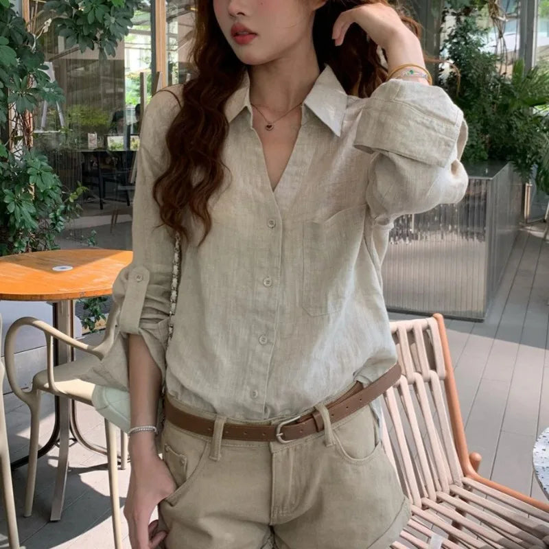 Women Old Money Linen Shirt Lapel V Neck Roll Tab Sleeve Loose Oversized Sun Protection Casual Blouse Summer Tops