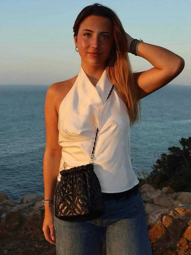 HH Spring Elegant Women Satin Halter Tops 2026 Summer Backless Off Shoulder Corset Vest Female Fashion Slim Crop Tank Top