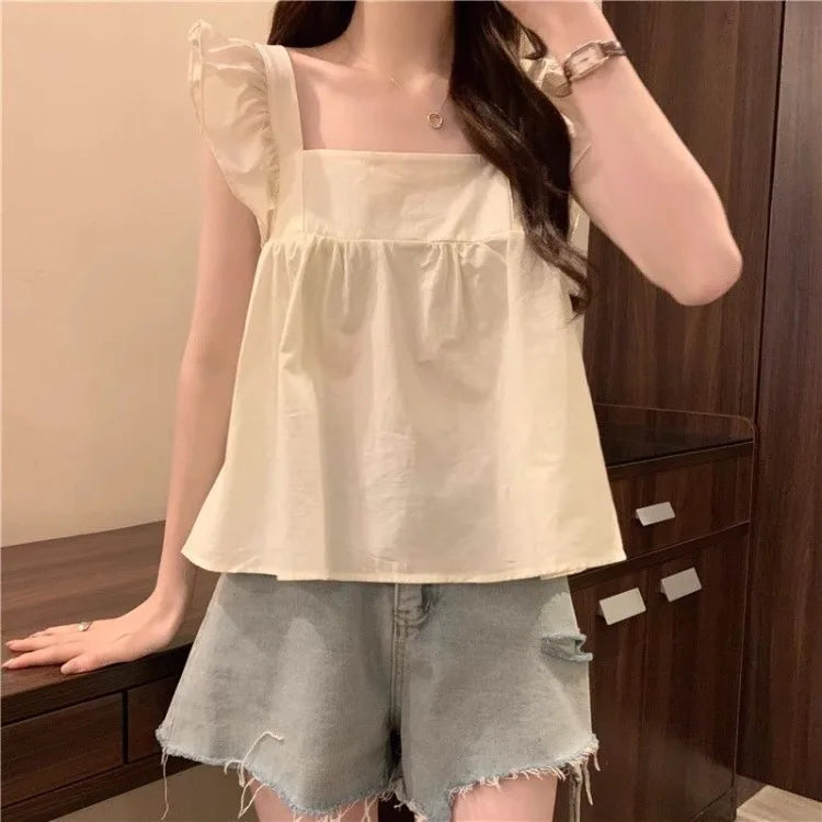 Women's Bow Tie Cami Top Summer Sleeveless Ruffle Hem Crop Top Vibrant Beachwear Loose Fit Casual Blouse