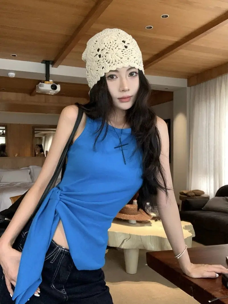 Women's Blue Ribbed Knit Tank Top Side Tie Asymmetrical Hem Sleeveless Casual Crop Top