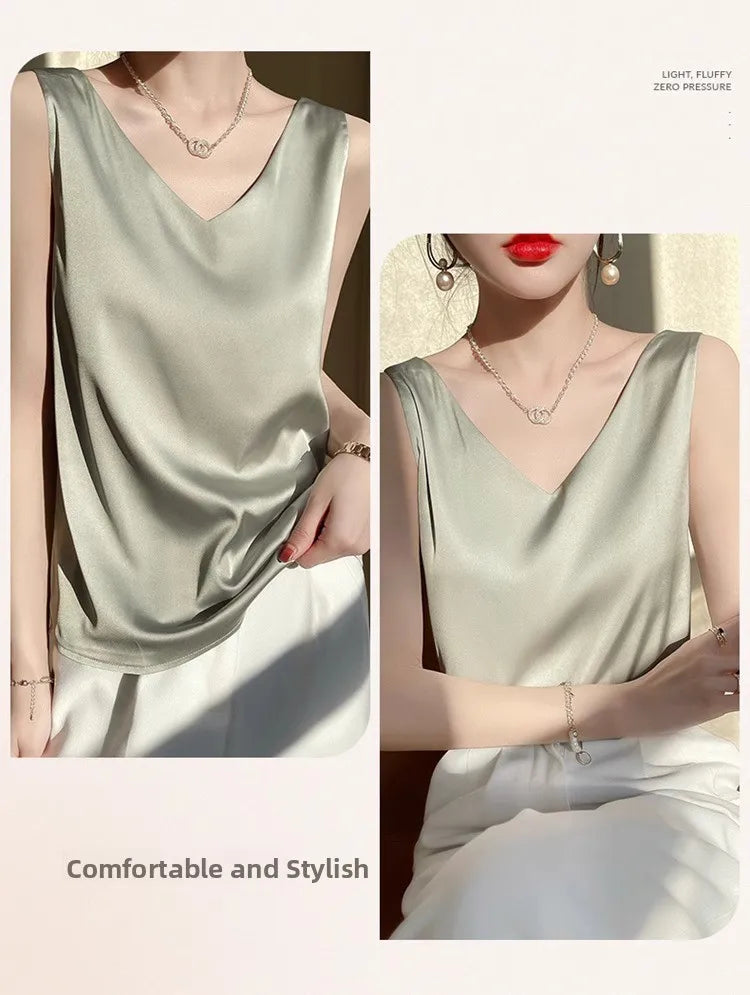 Silk Satin Vest Women's New 2025 Sleeveless V-neck Camisole Acetate Georgette Base Shirt Office Commute Style  Color