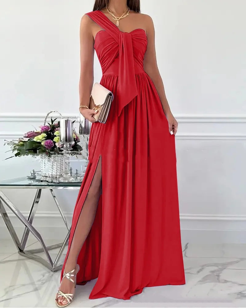Asymmetric One Shoulder Ruched Bow Long Dress with Side Slit Sleeveless Pleated A-Line Evening Gown for Women