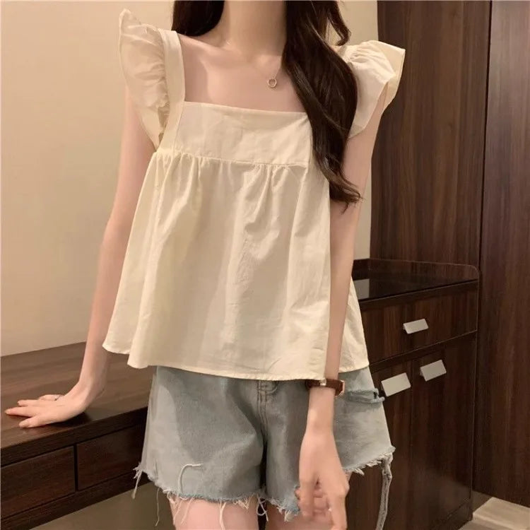 Women's Bow Tie Cami Top Summer Sleeveless Ruffle Hem Crop Top Vibrant Beachwear Loose Fit Casual Blouse