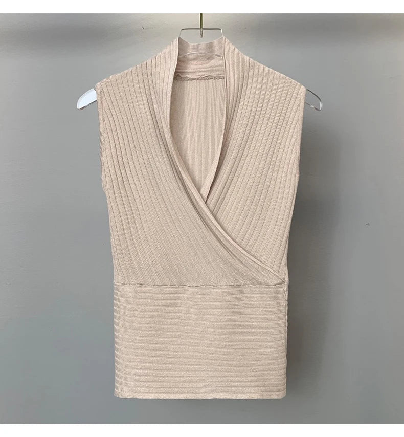 Sexy Deep V-Neck Knitted Crop Top Slim Fit Sleeveless Short Vest Summer New Style Zilihua Commute Style Pure Color Base Shirt