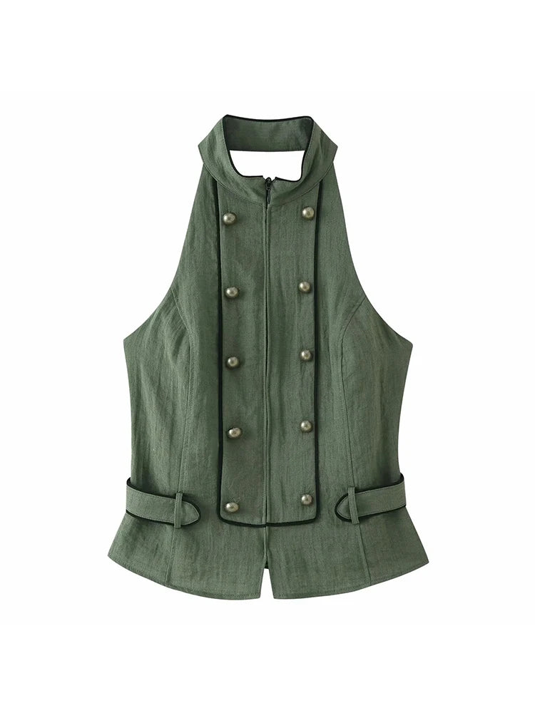 New Women Summer Elegant Silk Texture Tops Fashion Women Vacation Halter Backless Beach Style Lady Button Decor Casual Chic Tops